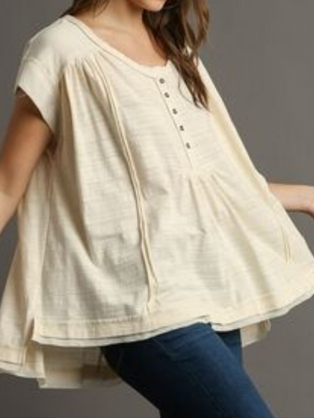 NWT Umgee Women’s Beige Solid Half Button Front Short Sleeve Relaxed Top (M)